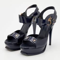 Pre Owned Yves Saint Laurent Navy Blue Patent Leather Studded Ankle Strap Platform Sandals Size 40