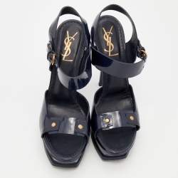 Pre Owned Yves Saint Laurent Navy Blue Patent Leather Studded Ankle Strap Platform Sandals Size 40