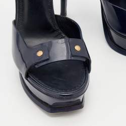 Pre Owned Yves Saint Laurent Navy Blue Patent Leather Studded Ankle Strap Platform Sandals Size 40