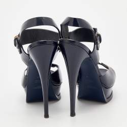 Pre Owned Yves Saint Laurent Navy Blue Patent Leather Studded Ankle Strap Platform Sandals Size 40