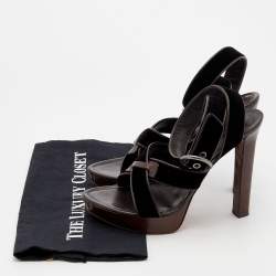 Pre Owned Yves Saint Laurent Dark Brown Velvet And Leather Strappy Platform Sandals Size 39.5