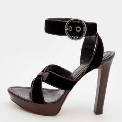 Pre Owned Yves Saint Laurent Dark Brown Velvet And Leather Strappy Platform Sandals Size 39.5