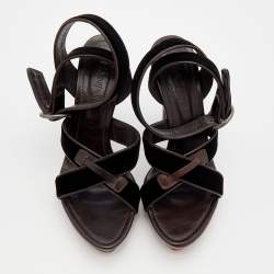 Pre Owned Yves Saint Laurent Dark Brown Velvet And Leather Strappy Platform Sandals Size 39.5