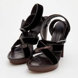 Pre Owned Yves Saint Laurent Dark Brown Velvet And Leather Strappy Platform Sandals Size 39.5