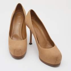 Yves Saint Laurent Beige Leather Tribtoo Platform Pumps Size 39.5