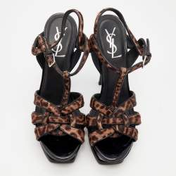 Pre Owned Yves Saint Laurent Brown/Black Leopard Print Calf Hair And Leather Trim Tribute Platform Ankle Strap Sandals Size 40