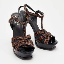 Pre Owned Yves Saint Laurent Brown/Black Leopard Print Calf Hair And Leather Trim Tribute Platform Ankle Strap Sandals Size 40