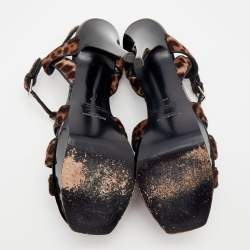 Pre Owned Yves Saint Laurent Brown/Black Leopard Print Calf Hair And Leather Trim Tribute Platform Ankle Strap Sandals Size 40