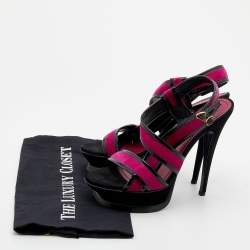 Pre Owned Yves Saint Laurent Pink/Black Suede And Patent Leather Platform Sandals Size 37.5