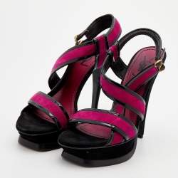 Pre Owned Yves Saint Laurent Pink/Black Suede And Patent Leather Platform Sandals Size 37.5
