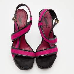 Pre Owned Yves Saint Laurent Pink/Black Suede And Patent Leather Platform Sandals Size 37.5