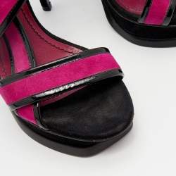 Pre Owned Yves Saint Laurent Pink/Black Suede And Patent Leather Platform Sandals Size 37.5