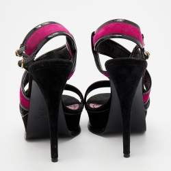 Pre Owned Yves Saint Laurent Pink/Black Suede And Patent Leather Platform Sandals Size 37.5