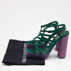 Pre Owned Yves Saint Laurent Green Suede Strappy Platform Espadrille Sandals Size 38