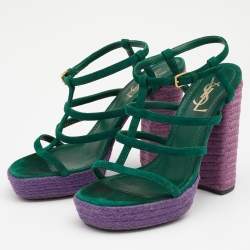 Pre Owned Yves Saint Laurent Green Suede Strappy Platform Espadrille Sandals Size 38