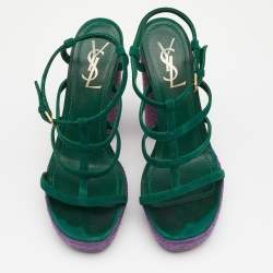 Pre Owned Yves Saint Laurent Green Suede Strappy Platform Espadrille Sandals Size 38