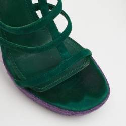 Pre Owned Yves Saint Laurent Green Suede Strappy Platform Espadrille Sandals Size 38