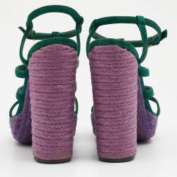 Pre Owned Yves Saint Laurent Green Suede Strappy Platform Espadrille Sandals Size 38