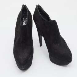 Pre Owned Yves Saint Laurent Black Textured Nubuck Leather Platform Booties Size 40