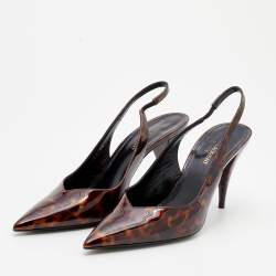 Pre Owned Saint Laurent Brown Leopard Patent Leather Slingback Sandals Size 38