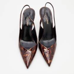Pre Owned Saint Laurent Brown Leopard Patent Leather Slingback Sandals Size 38