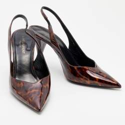 Pre Owned Saint Laurent Brown Leopard Patent Leather Slingback Sandals Size 38