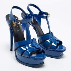 Pre Owned صندل إيف سان لوران باريس تريبوت جلد أزرق لامع مقاس 39.5