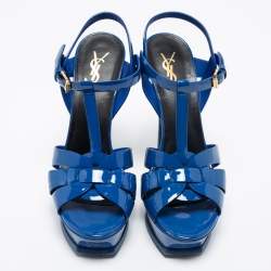 Pre Owned صندل إيف سان لوران باريس تريبوت جلد أزرق لامع مقاس 39.5