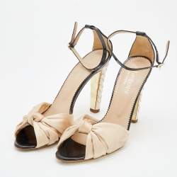 Pre Owned Yves Saint Laurent Beige/Black Satin Knotted Bow And Patent Leather Ankle Strap Sandals Size 39.5