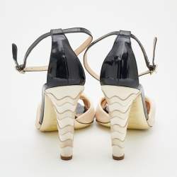 Pre Owned Yves Saint Laurent Beige/Black Satin Knotted Bow And Patent Leather Ankle Strap Sandals Size 39.5