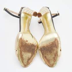 Pre Owned Yves Saint Laurent Beige/Black Satin Knotted Bow And Patent Leather Ankle Strap Sandals Size 39.5
