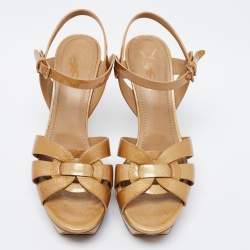 Pre Owned صندل إيف سان لوران تربيوت جلد ذهبي لامع نعل سميك مقاس 39.5