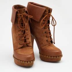 مملوكة مسبقًا Yves Saint Laurent Brown Suede and Leather Platform Ankle Length Boots Size 38