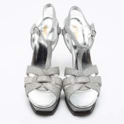 Pre Owned صندل سان لوران جلد فضي ميتاليك بنعل سميك وحزام كاحل مقاس 40