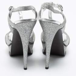 Pre Owned صندل سان لوران جلد فضي ميتاليك بنعل سميك وحزام كاحل مقاس 40