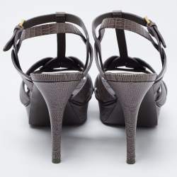 Pre Owned صندل سان لوران تربيوت جلد نقشة السحلية رصاصي نعل سميك بحزام للكاحل مقاس 39.5