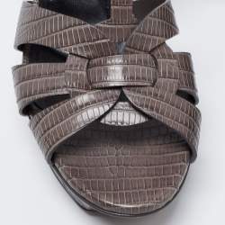 Pre Owned صندل سان لوران تربيوت جلد نقشة السحلية رصاصي نعل سميك بحزام للكاحل مقاس 39.5