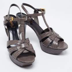 Pre Owned صندل سان لوران تربيوت جلد نقشة السحلية رصاصي نعل سميك بحزام للكاحل مقاس 39.5