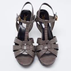 Pre Owned صندل سان لوران تربيوت جلد نقشة السحلية رصاصي نعل سميك بحزام للكاحل مقاس 39.5