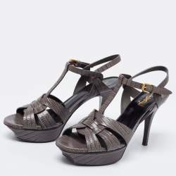 Pre Owned صندل سان لوران تربيوت جلد نقشة السحلية رصاصي نعل سميك بحزام للكاحل مقاس 39.5