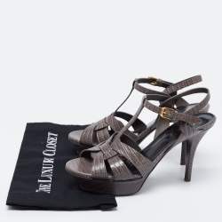 Pre Owned صندل سان لوران تربيوت جلد نقشة السحلية رصاصي نعل سميك بحزام للكاحل مقاس 39.5