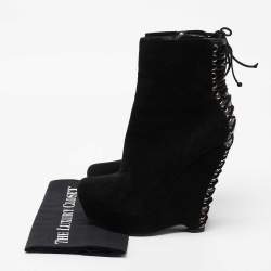 Pre Owned Yves Saint Laurent Black Suede Lace Up Madge Ankle Length Wedge Boots Size 41.5