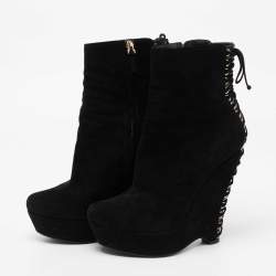 Pre Owned Yves Saint Laurent Black Suede Lace Up Madge Ankle Length Wedge Boots Size 41.5