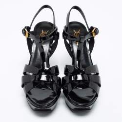 Pre Owned Yves Saint Laurent Black Patent Leather Tribute Platform Sandals Size 37