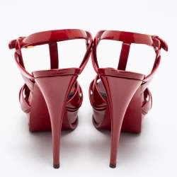 Saint Laurent Red Patent Leather Tribute Platform Ankle Strap Sandals Size 39.5