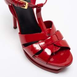 Saint Laurent Red Patent Leather Tribute Platform Ankle Strap Sandals Size 39.5