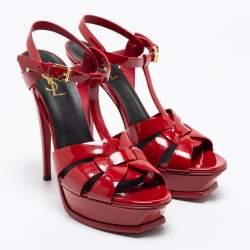 Saint Laurent Red Patent Leather Tribute Platform Ankle Strap Sandals Size 39.5