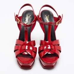 Saint Laurent Red Patent Leather Tribute Platform Ankle Strap Sandals Size 39.5