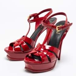 Saint Laurent Red Patent Leather Tribute Platform Ankle Strap Sandals Size 39.5