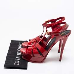 Saint Laurent Red Patent Leather Tribute Platform Ankle Strap Sandals Size 39.5